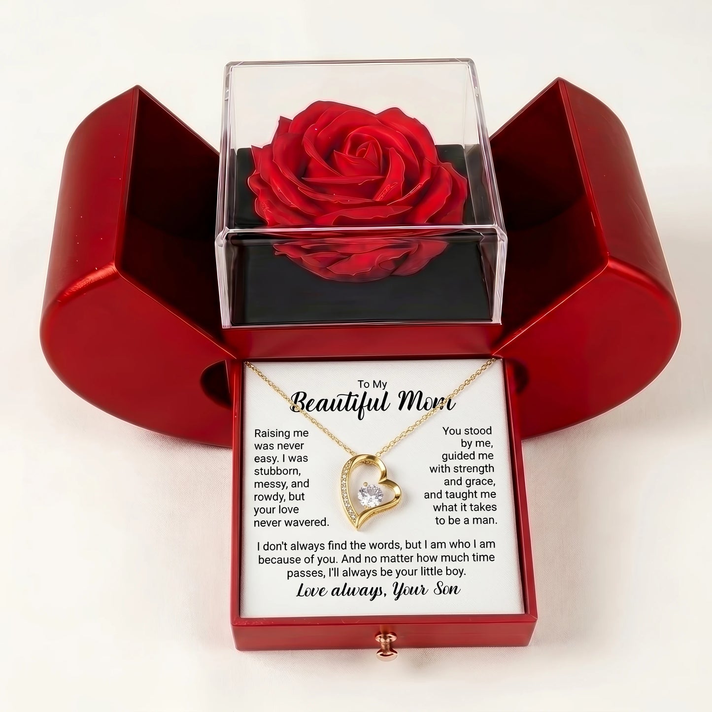 "To My Beautiful Mom, I'll Always Be Your Little Boy" Forever Love Necklace with Red Rose Box – Gift from Son
