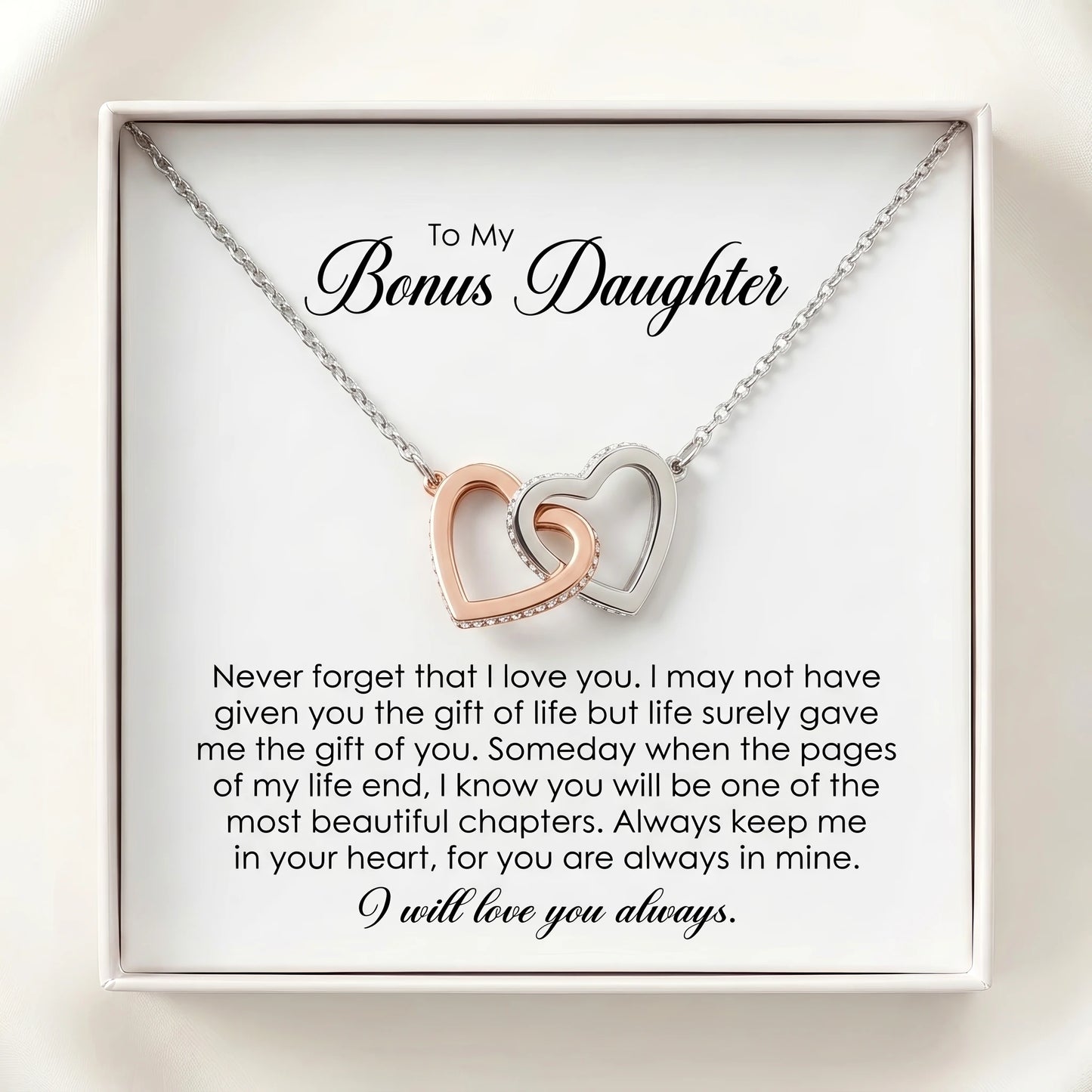 "To My Bonus Daughter, Life Gave Me the Gift of You" Interlocking Hearts Necklace – Meaningful Gift
