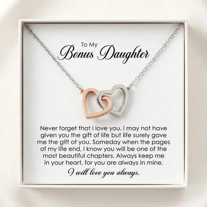 "To My Bonus Daughter, Life Gave Me the Gift of You" Interlocking Hearts Necklace – Meaningful Gift