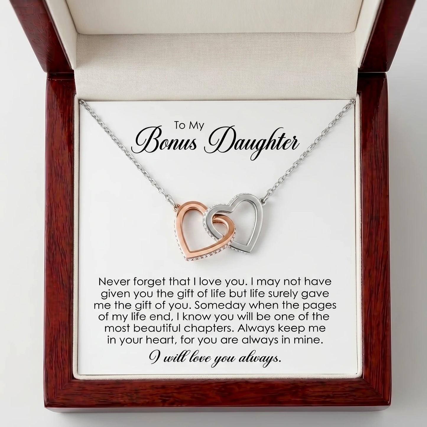 "To My Bonus Daughter, Life Gave Me the Gift of You" Interlocking Hearts Necklace – Meaningful Gift