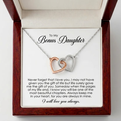 "To My Bonus Daughter, Life Gave Me the Gift of You" Interlocking Hearts Necklace – Meaningful Gift