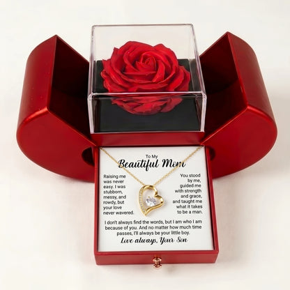 "To My Beautiful Mom, I'll Always Be Your Little Boy" Forever Love Necklace with Red Rose Box – Gift from Son