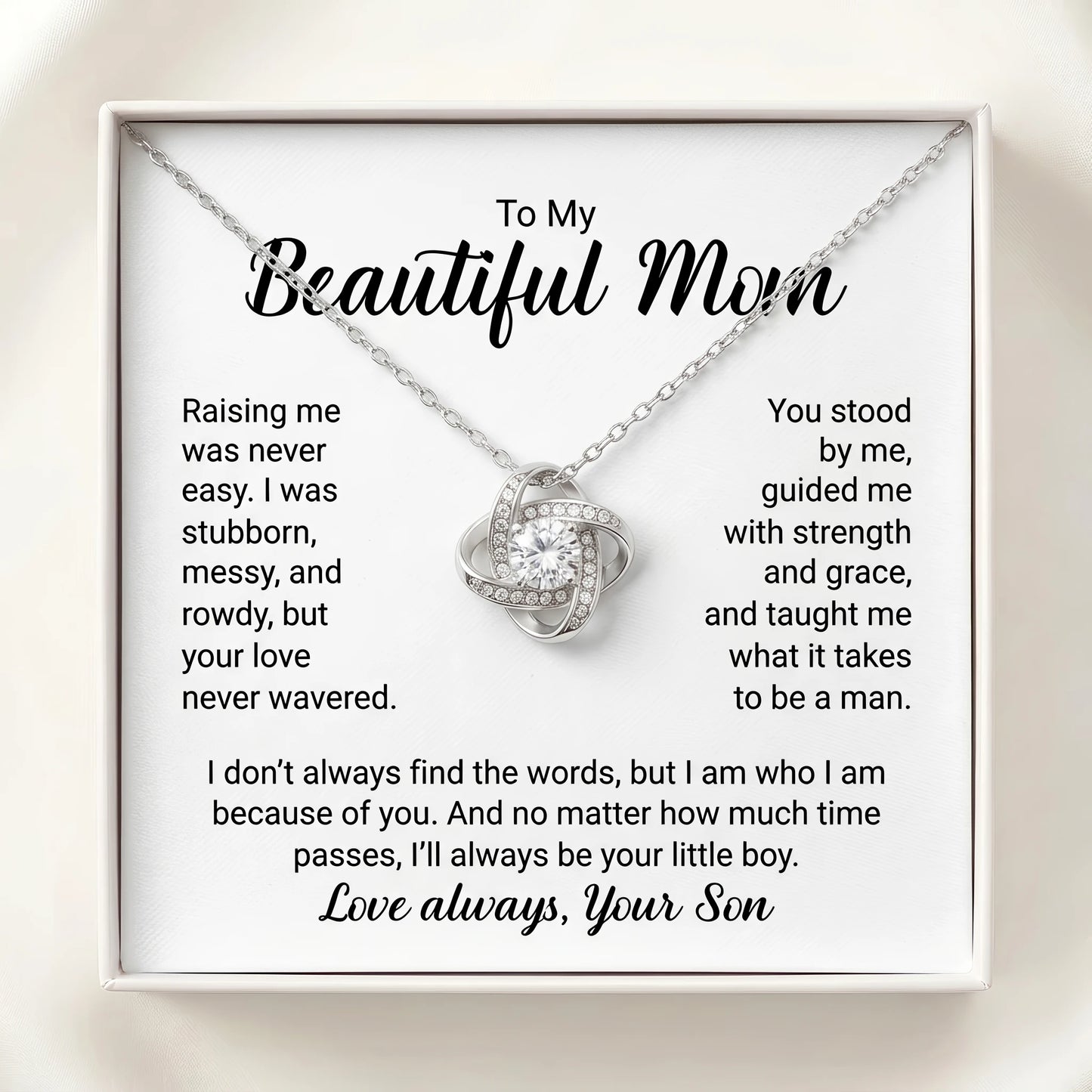 "To My Beautiful Mom, I'll Always Be Your Little Boy" Love Knot Necklace – Meaningful Gift from Son