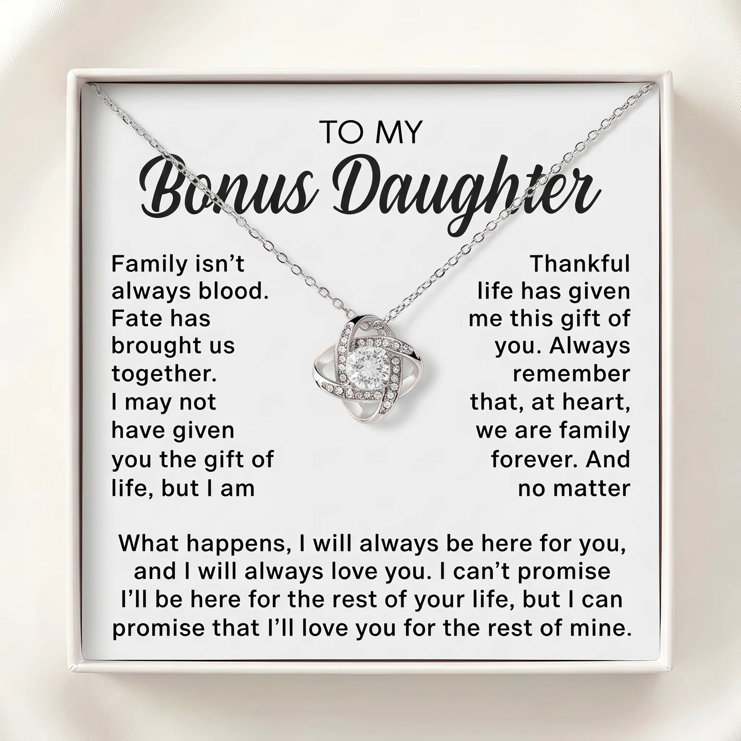 Bonus Daughter Gift, Love Knot Necklace for Stepdaughter, Family Isn't Always Blood Keepsake