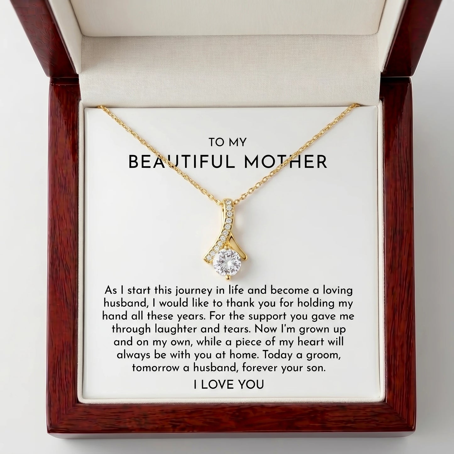 "To My Mother On My Wedding Day, Forever Your Son" Alluring Beauty Necklace – Heartfelt Gift from Son