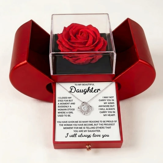 To My Beautiful Daughter – Love Knot Necklace with Red Heart Rose Box – A Father's Gift She'll Cherish Forever