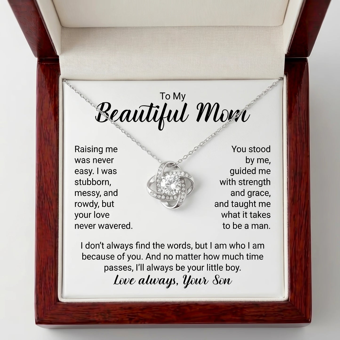 "To My Beautiful Mom, I'll Always Be Your Little Boy" Love Knot Necklace – Meaningful Gift from Son