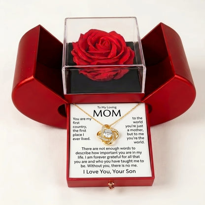 "To My Mom, You Are My Whole World" Love Knot Necklace with Red Rose Box – Gift from Son for Birthday, Mother's Day & Any Occasion