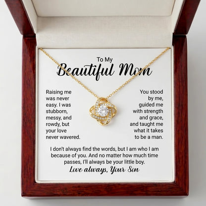 "To My Beautiful Mom, I'll Always Be Your Little Boy" Love Knot Necklace – Meaningful Gift from Son