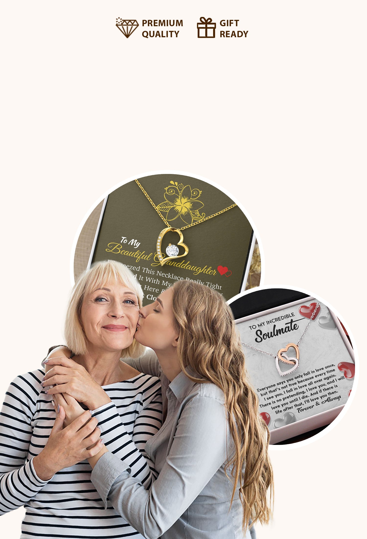 Two women embracing with a focus on a necklace packaging featuring sentimental messages.
