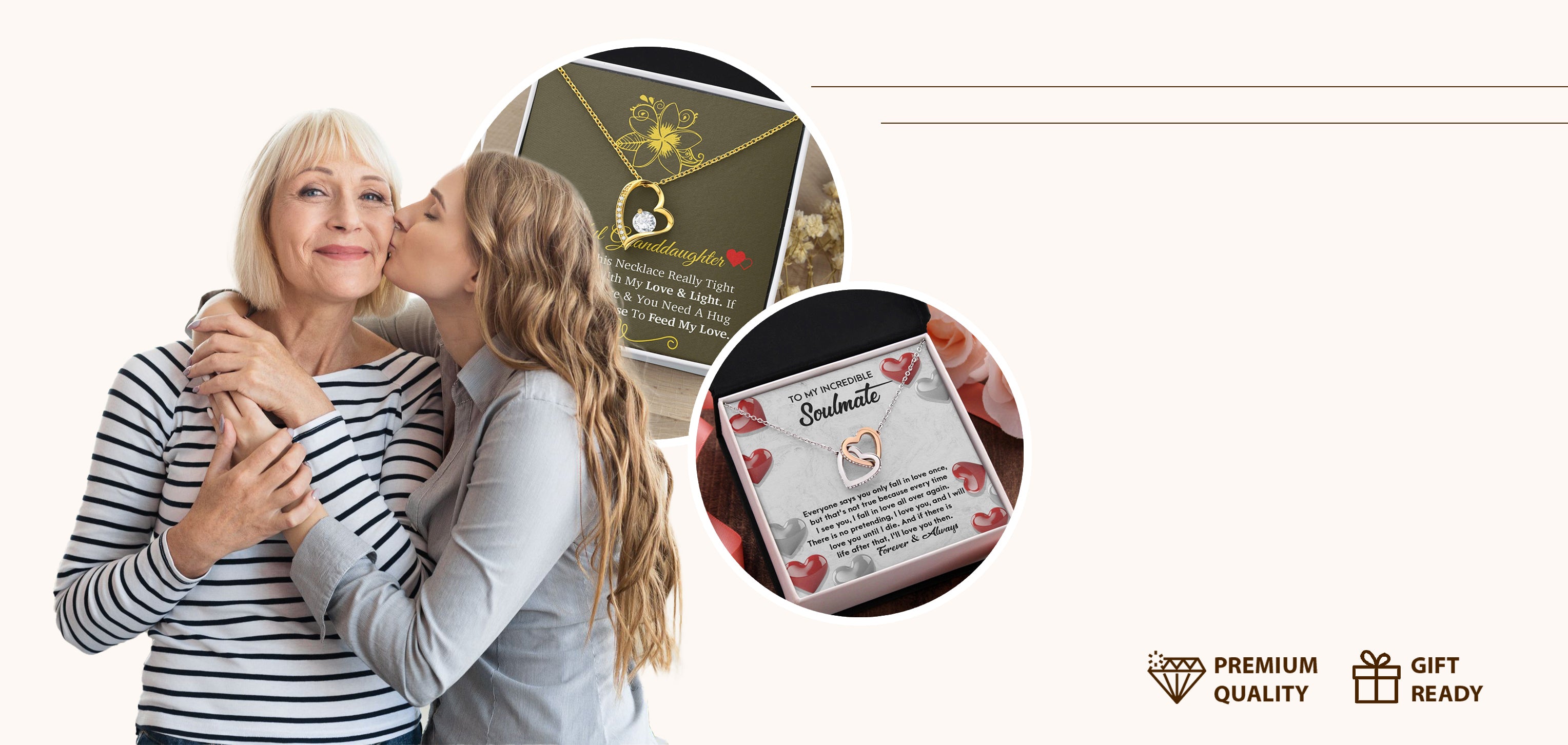 Woman kissing her mother on the cheek with a necklace and card displayed.