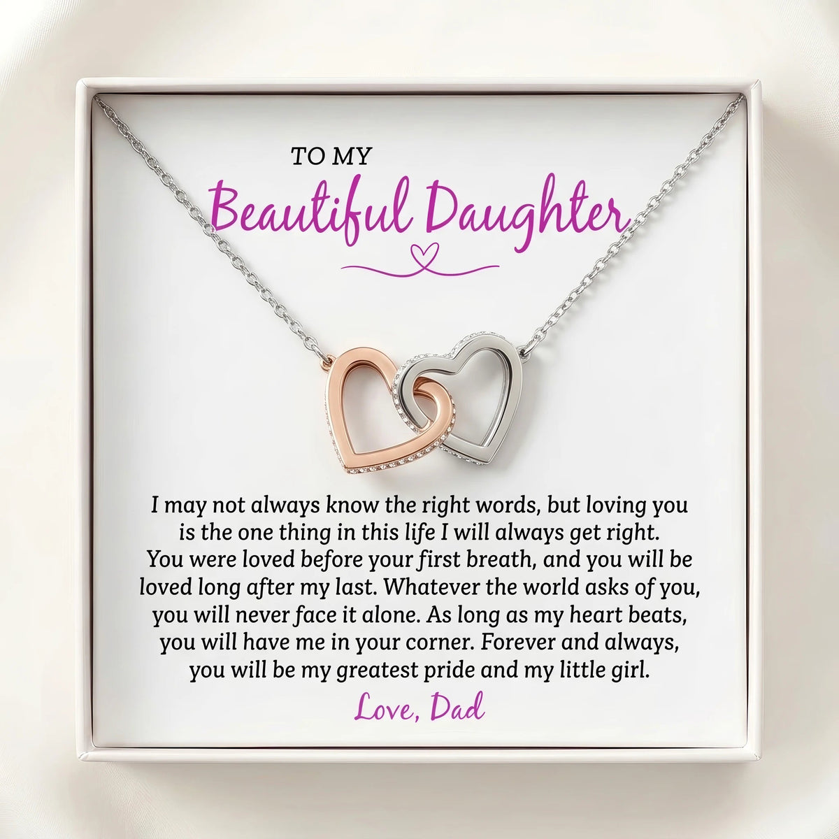 "As Long As My Heart Beats, You Will Have Me in Your Corner" Interlocking Hearts Necklace – Meaningful Gift from Dad to Daughter for Birthday, Graduation & Any Occasion - The Love Sparkle