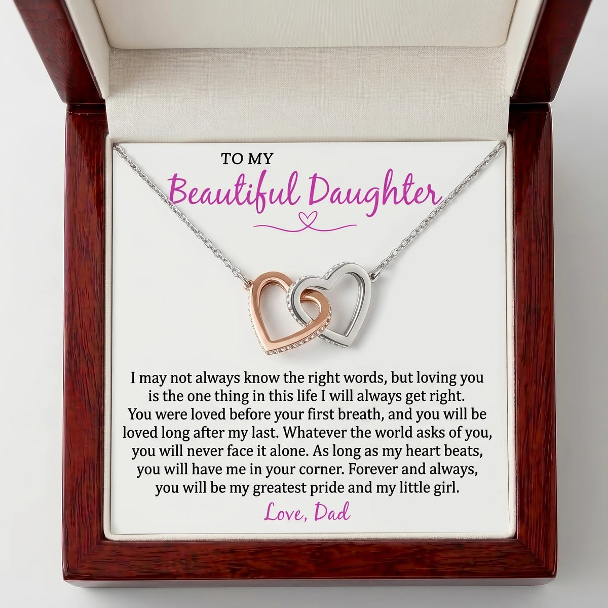 "As Long As My Heart Beats, You Will Have Me in Your Corner" Interlocking Hearts Necklace – Meaningful Gift from Dad to Daughter for Birthday, Graduation & Any Occasion - The Love Sparkle