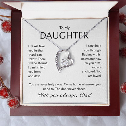 "To My Daughter, No Matter How Far You Go, You Are Loved" Forever Love Heart Necklace – Gift from Dad