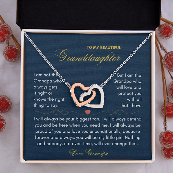 To My Beautiful Granddaughter Interlocking Hearts Necklace - "I Am The Grandpa Who Will Love & Protect You" Gift