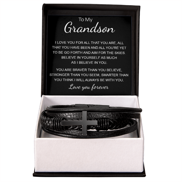 To My Grandson-Men's Cross Bracelet-"Braver Than You Believe"
