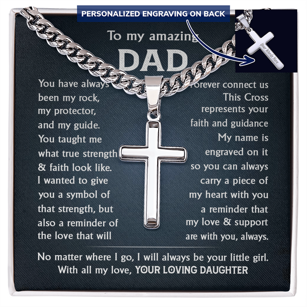 Gift for Dad from Daughter - Engraved Cross with Cuban Link Chain