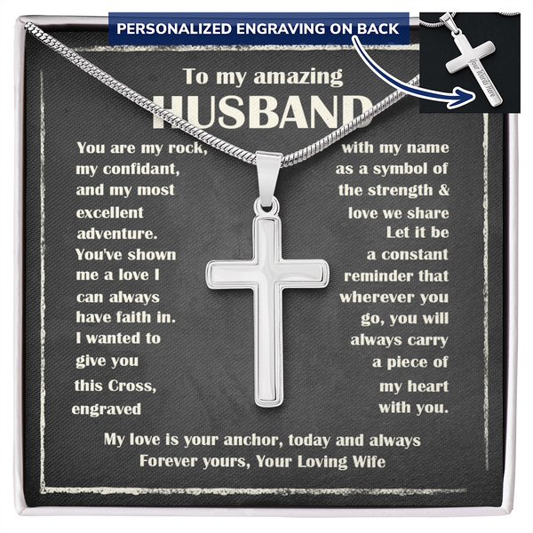 To My Husband - Personalized Cross Necklace with Snake Chain