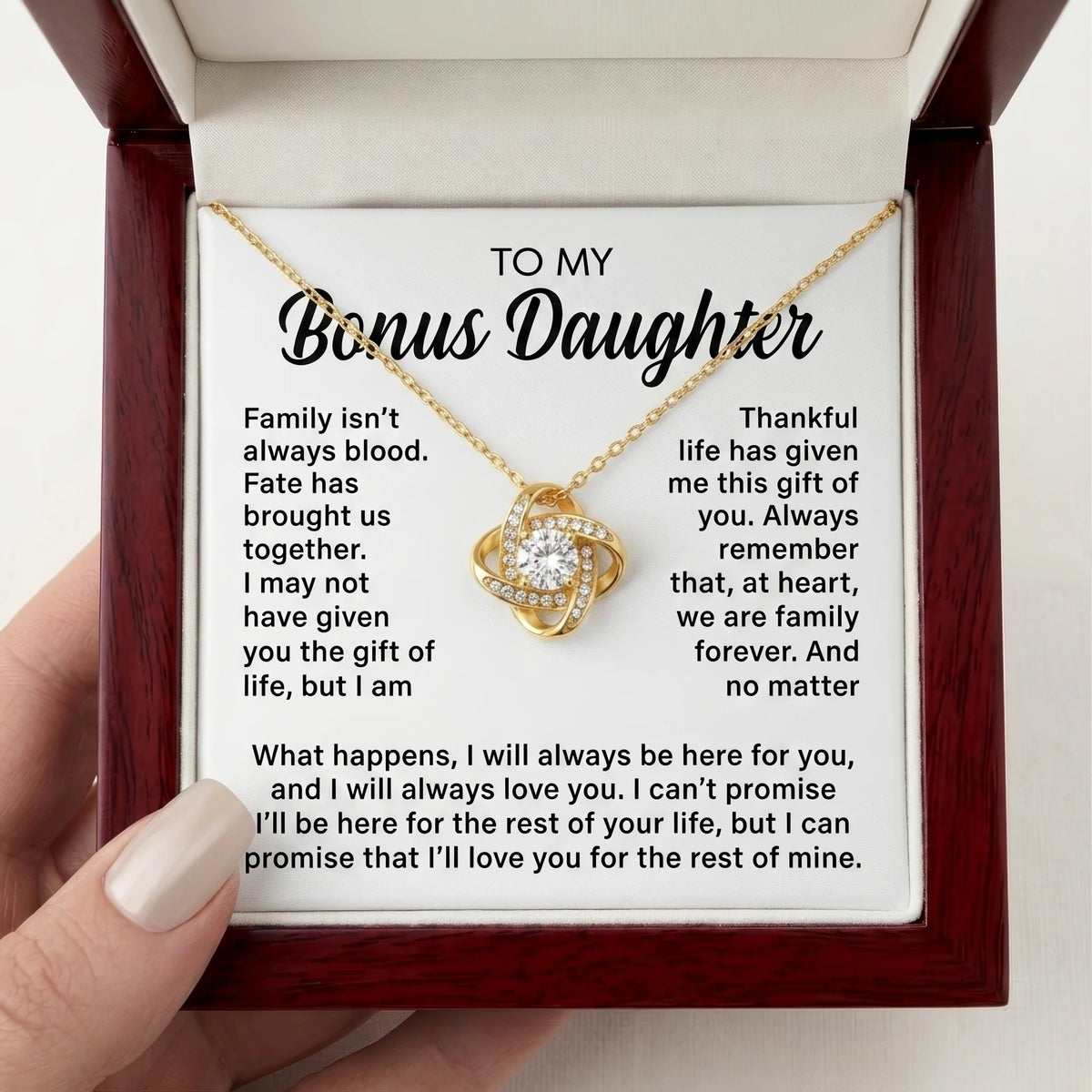 Bonus Daughter Gift, Love Knot Necklace for Stepdaughter, Family Isn't Always Blood Keepsake - The Love Sparkle
