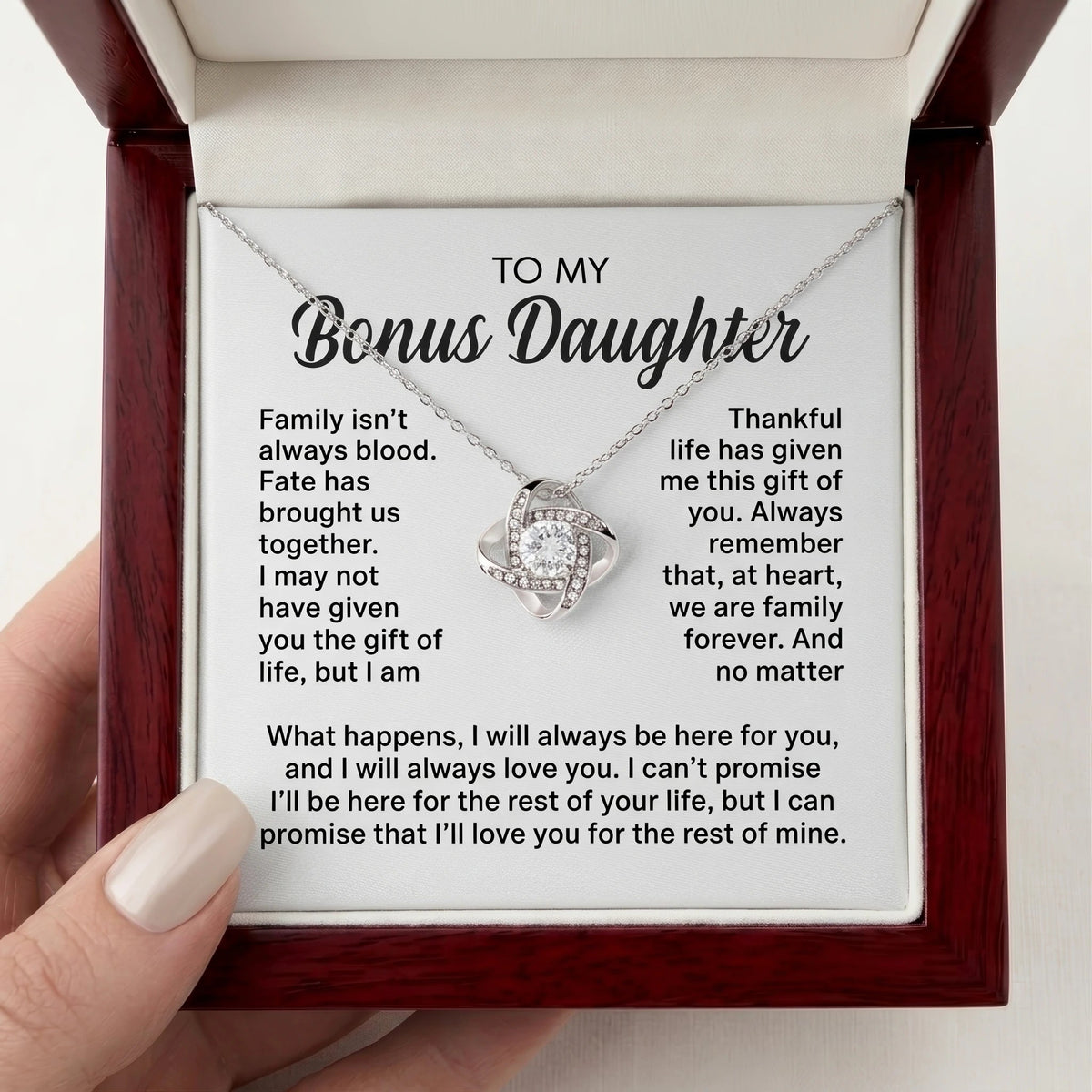 Bonus Daughter Gift, Love Knot Necklace for Stepdaughter, Family Isn't Always Blood Keepsake - The Love Sparkle