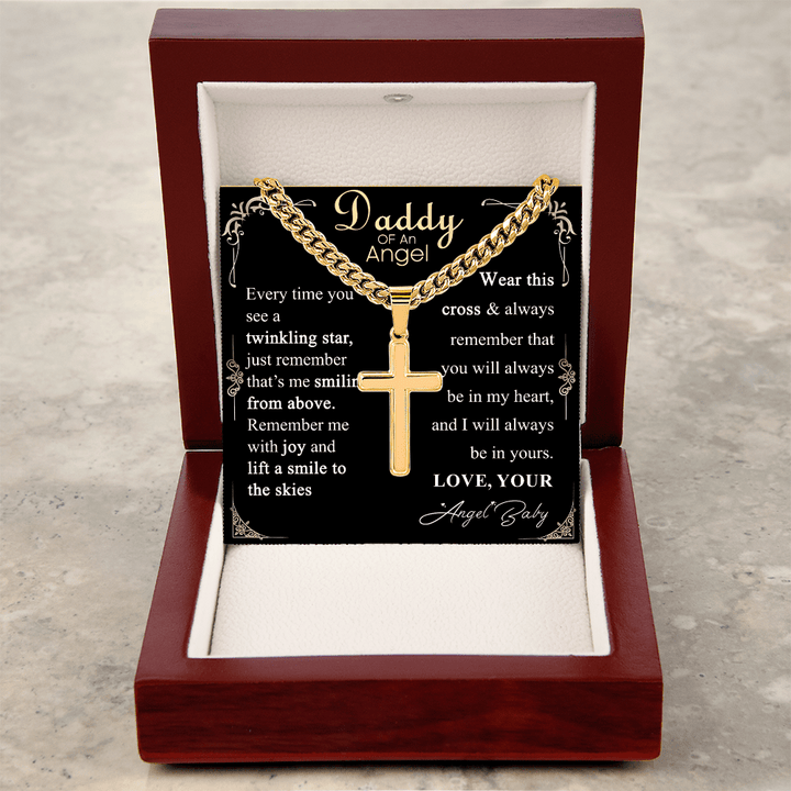 Gift for Dad - Artisan Cross with Cuban Chain - Angel Baby Remembrance Gift for Dad - The Love Sparkle