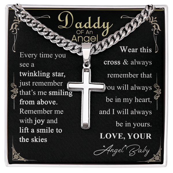Gift for Dad - Artisan Cross with Cuban Chain - Angel Baby Remembrance Gift for Dad - The Love Sparkle
