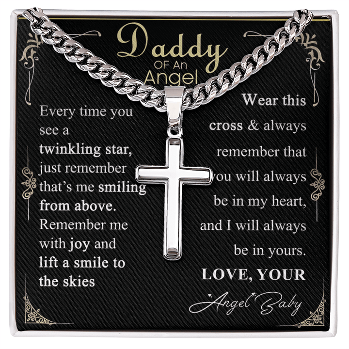 Gift for Dad - Artisan Cross with Cuban Chain - Angel Baby Remembrance Gift for Dad - The Love Sparkle