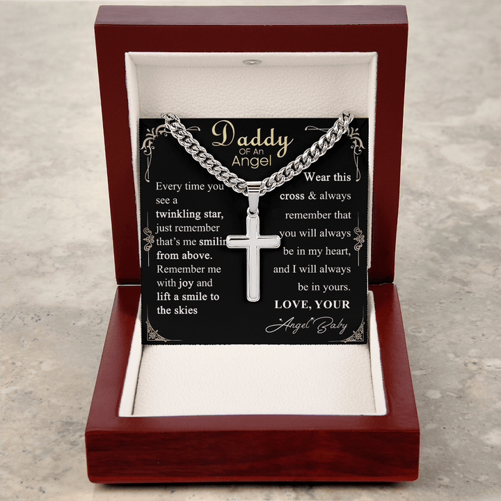 Gift for Dad - Artisan Cross with Cuban Chain - Angel Baby Remembrance Gift for Dad - The Love Sparkle