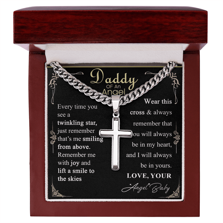 Gift for Dad - Artisan Cross with Cuban Chain - Angel Baby Remembrance Gift for Dad - The Love Sparkle