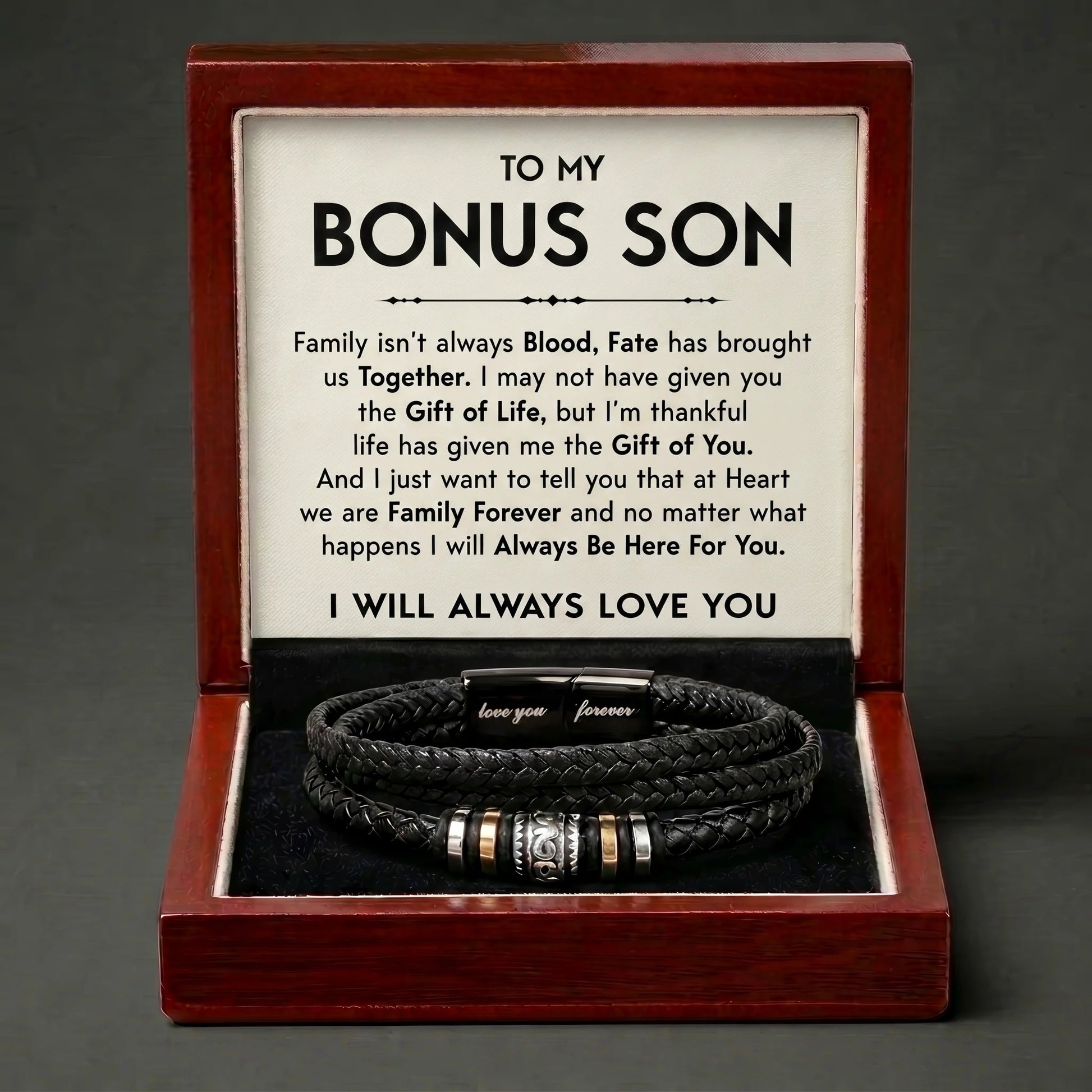 "Love You Forever" Braided Leather Bracelet for Bonus Son – Heartfelt Keepsake Gift - The Love Sparkle