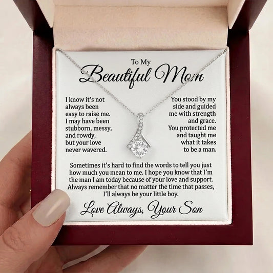Mom Gift for Mother's Day, Birthday from Son - Alluring Beauty Necklace with Heartfelt Message - The Love Sparkle