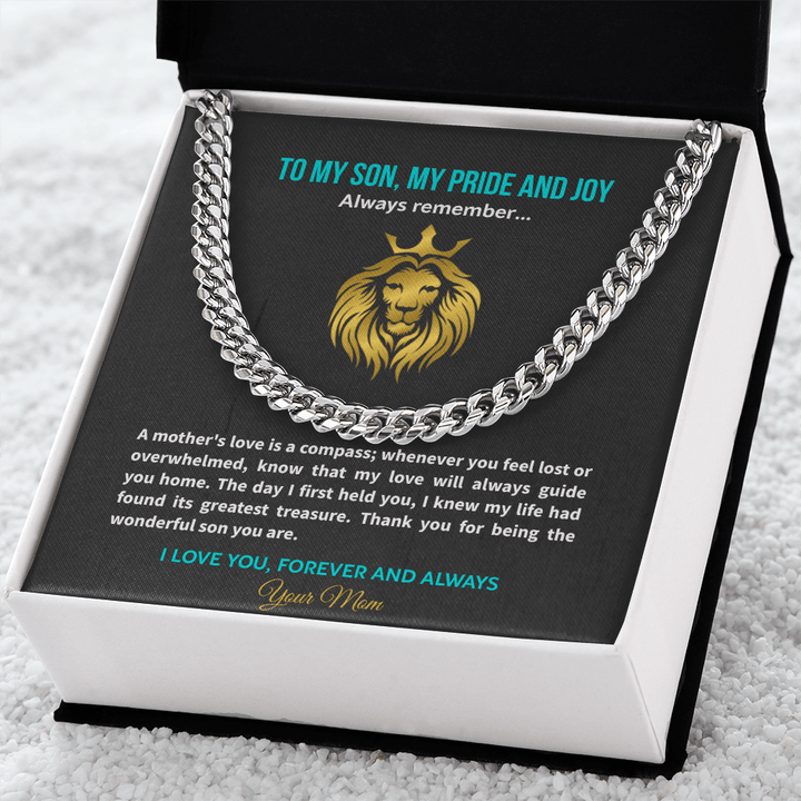 Son Necklace from Mom, Cuban Link Chain, Strength & Courage Gift for Birthday, Graduation - The Love Sparkle