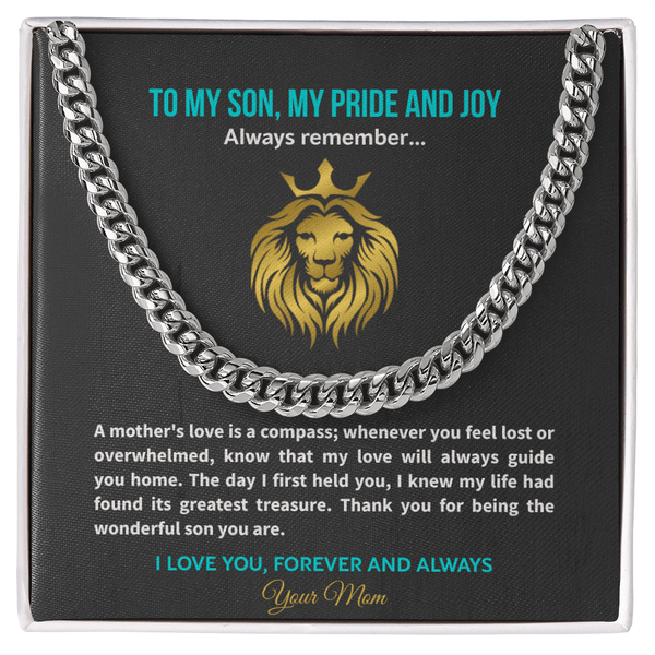 Son Necklace from Mom, Cuban Link Chain, Strength & Courage Gift for Birthday, Graduation - The Love Sparkle