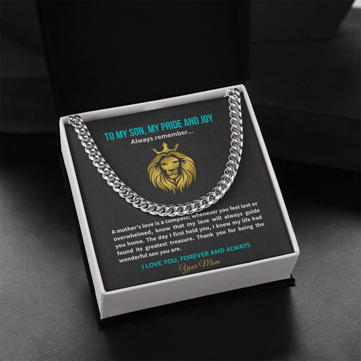 Son Necklace from Mom, Cuban Link Chain, Strength & Courage Gift for Birthday, Graduation - The Love Sparkle