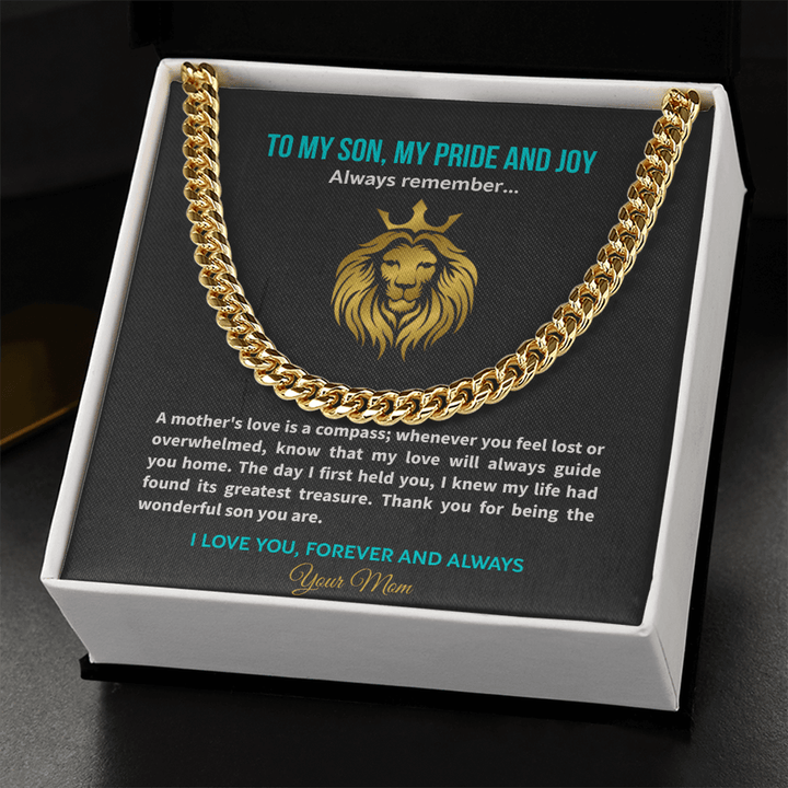 Son Necklace from Mom, Cuban Link Chain, Strength & Courage Gift for Birthday, Graduation - The Love Sparkle