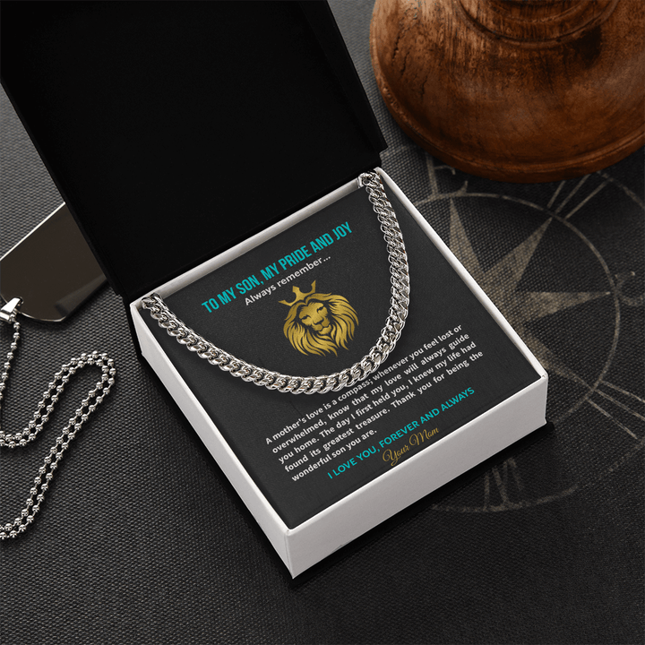 Son Necklace from Mom, Cuban Link Chain, Strength & Courage Gift for Birthday, Graduation - The Love Sparkle