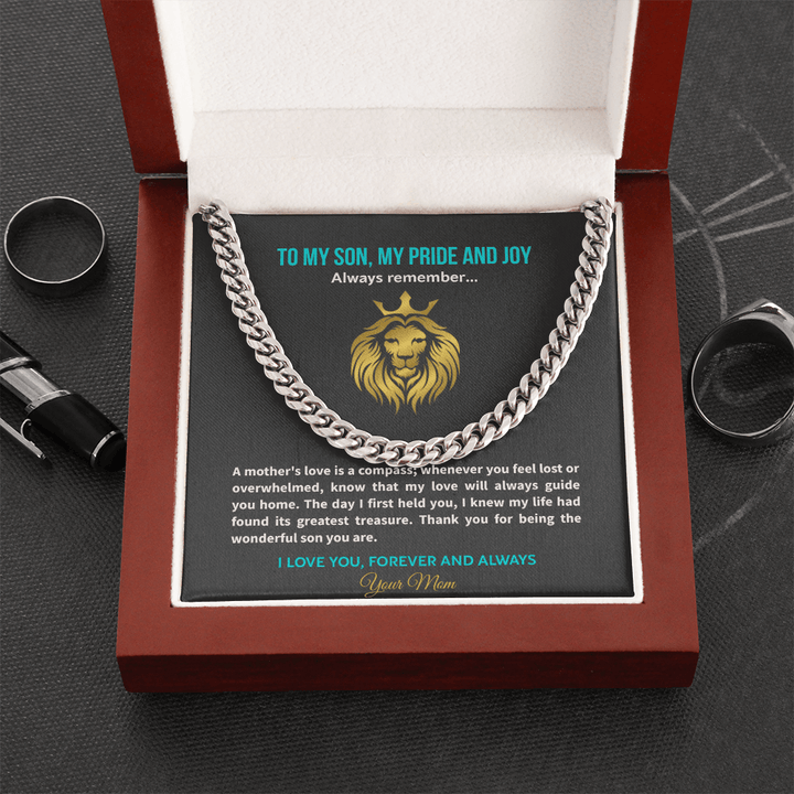 Son Necklace from Mom, Cuban Link Chain, Strength & Courage Gift for Birthday, Graduation - The Love Sparkle