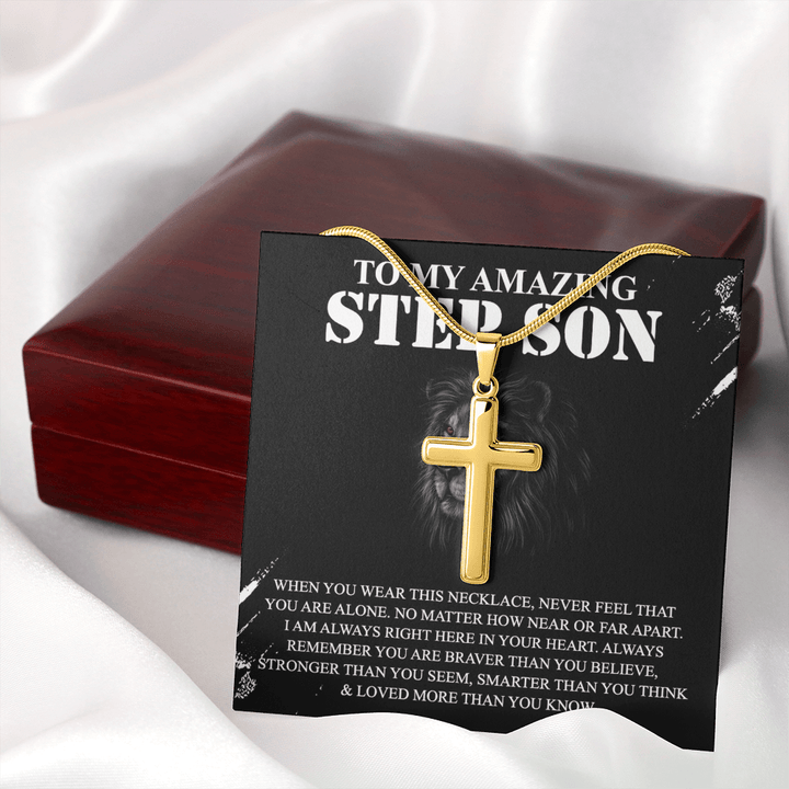 To My Amazing Step Son - Artisan Cross Necklace with Snake Chain - Braver and Stronger - The Love Sparkle