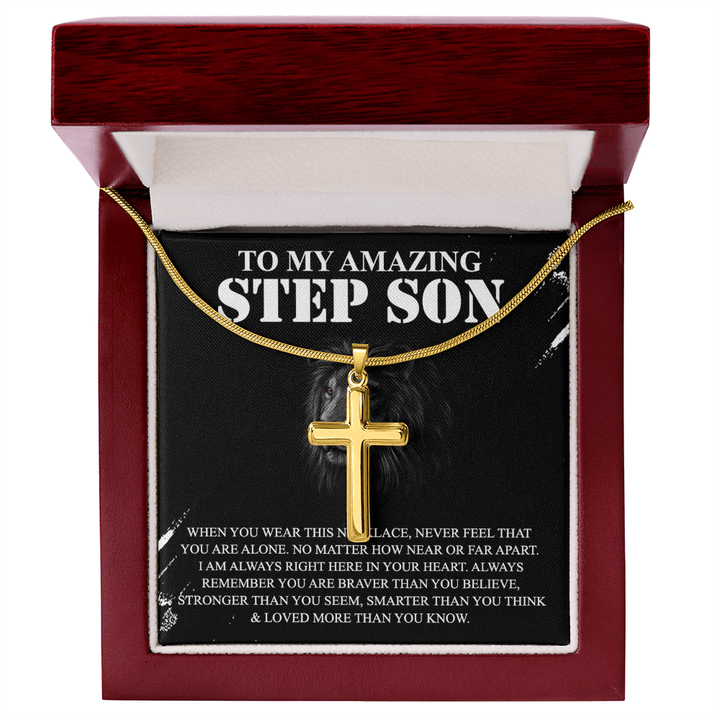 To My Amazing Step Son - Artisan Cross Necklace with Snake Chain - Braver and Stronger - The Love Sparkle