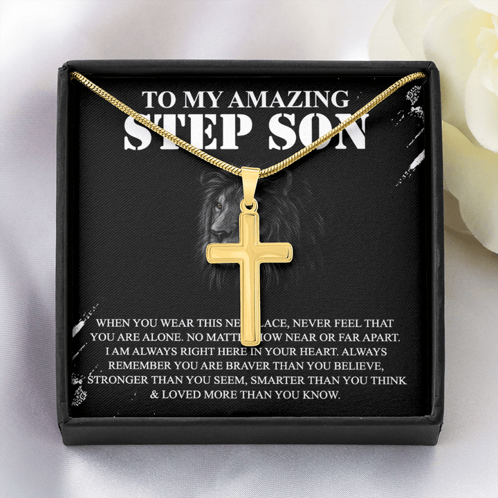 To My Amazing Step Son - Artisan Cross Necklace with Snake Chain - Braver and Stronger - The Love Sparkle