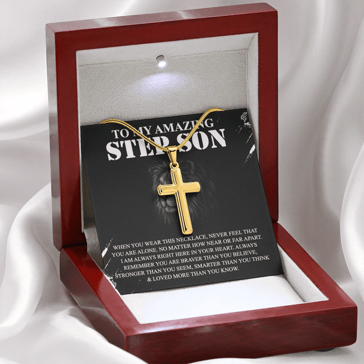 To My Amazing Step Son - Artisan Cross Necklace with Snake Chain - Braver and Stronger - The Love Sparkle