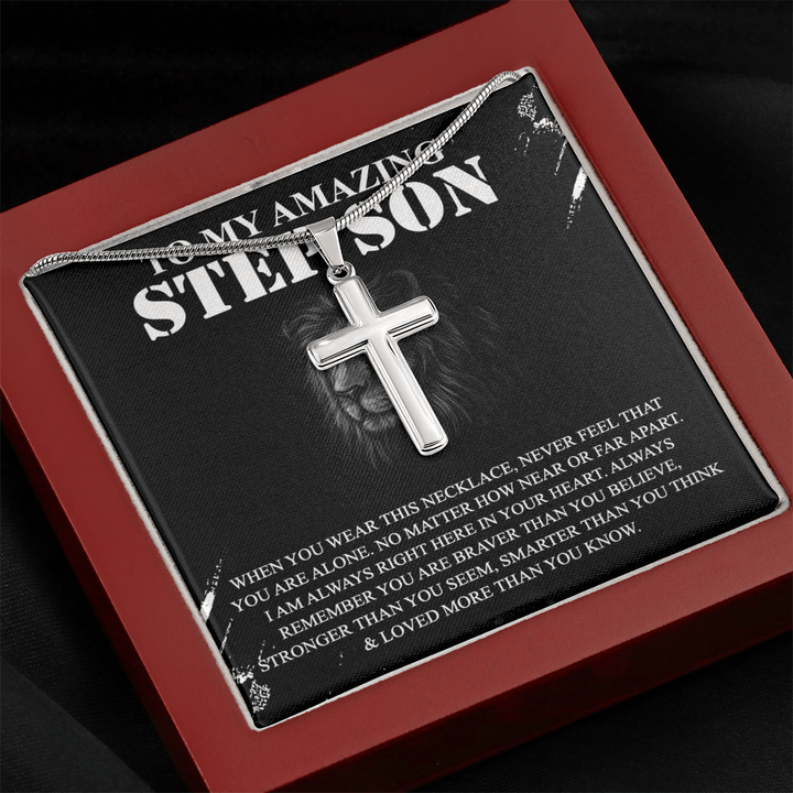 To My Amazing Step Son - Artisan Cross Necklace with Snake Chain - Braver and Stronger - The Love Sparkle