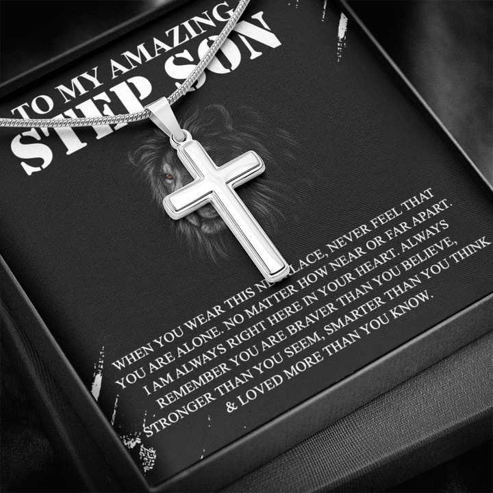 To My Amazing Step Son - Artisan Cross Necklace with Snake Chain - Braver and Stronger - The Love Sparkle