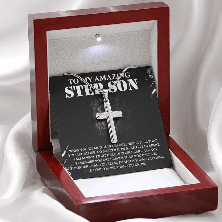 To My Amazing Step Son - Artisan Cross Necklace with Snake Chain - Braver and Stronger - The Love Sparkle
