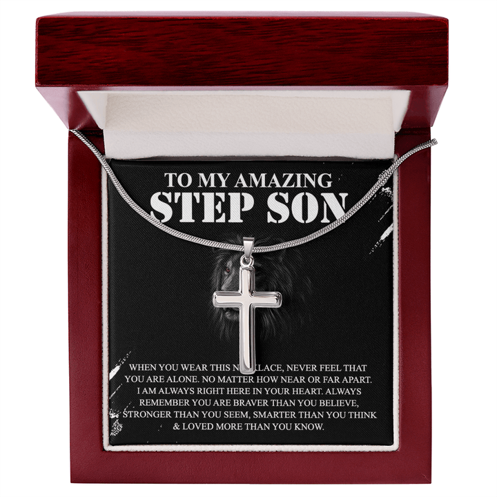 To My Amazing Step Son - Artisan Cross Necklace with Snake Chain - Braver and Stronger - The Love Sparkle