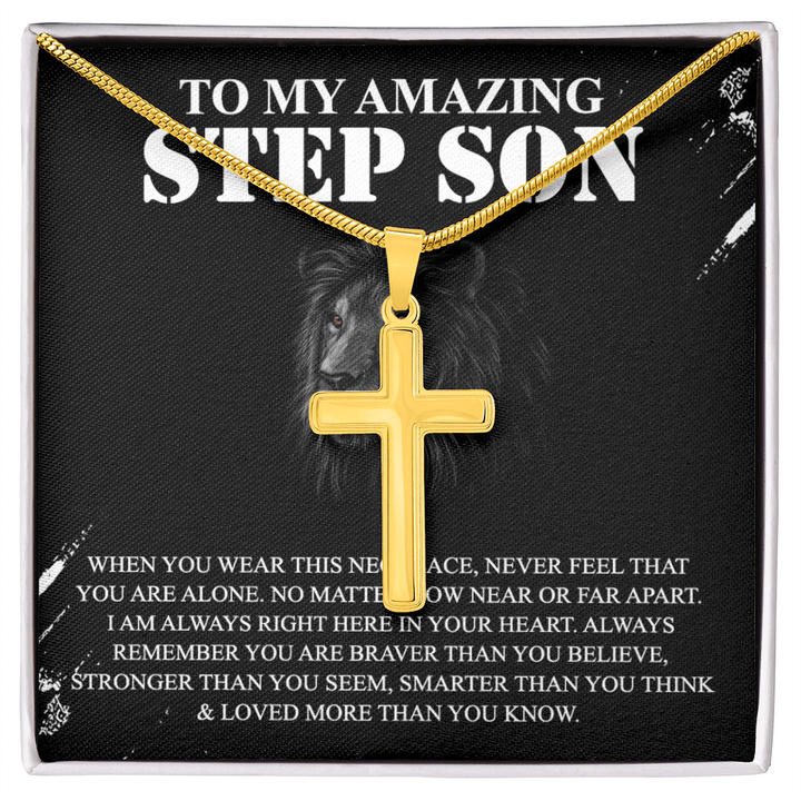 To My Amazing Step Son - Artisan Cross Necklace with Snake Chain - Braver and Stronger - The Love Sparkle