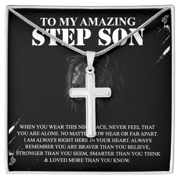 To My Amazing Step Son - Artisan Cross Necklace with Snake Chain - Braver and Stronger - The Love Sparkle