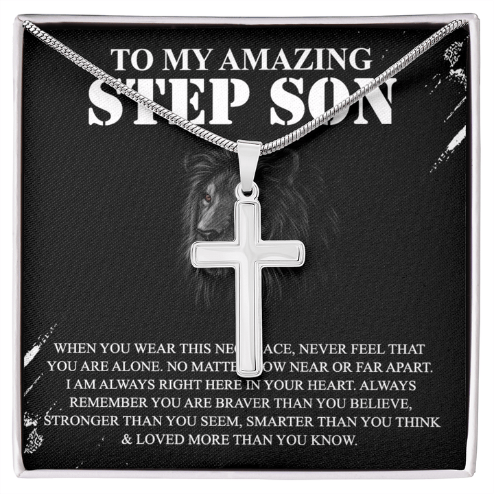 To My Amazing Step Son - Artisan Cross Necklace with Snake Chain - Braver and Stronger - The Love Sparkle