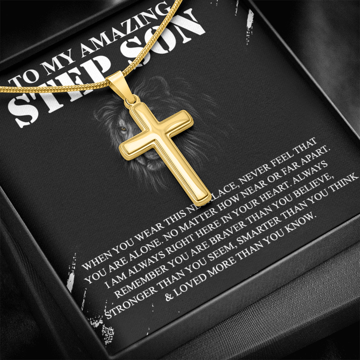 To My Amazing Step Son - Artisan Cross Necklace with Snake Chain - Braver and Stronger - The Love Sparkle