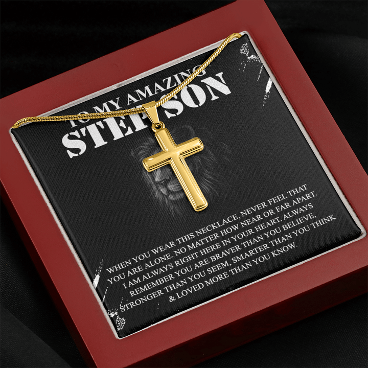 To My Amazing Step Son - Artisan Cross Necklace with Snake Chain - Braver and Stronger - The Love Sparkle